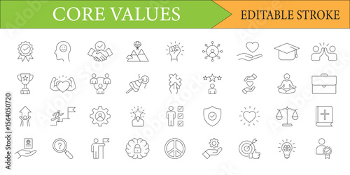 Set of Core Values Editable Stroke Icons Depicting Ethics Principles and Organizational Culture for Business and Individuals
