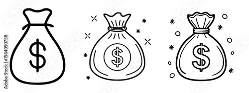 Minimal Black Silhouette Money Bag and Coin Icon with Dollar Symbol Vector Style Design