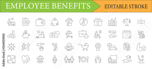 Employee Benefits Outline Icon Set Depicting Compensation Packages Available to Employees Health and Financial Security