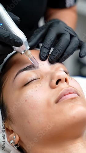 extreme close-up of young person's face receiving microneedling by a professional's gloved hand on a white towel in a clinical setting. macro video, sharp focus on device and skin texture. concept of