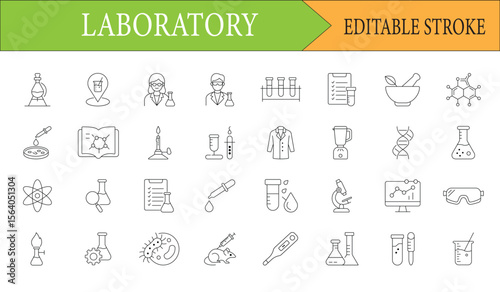 Laboratory and Scientific Research Thin Line Icons Set Editable Stroke Collection of Science Related Vector Symbols for Experiments and Analysis