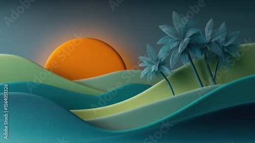 Stylized tropical landscape with palm trees and orange sky