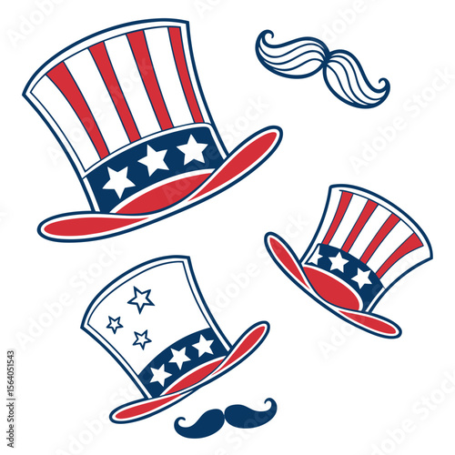 Set of patriotic mustache hat in a flat design