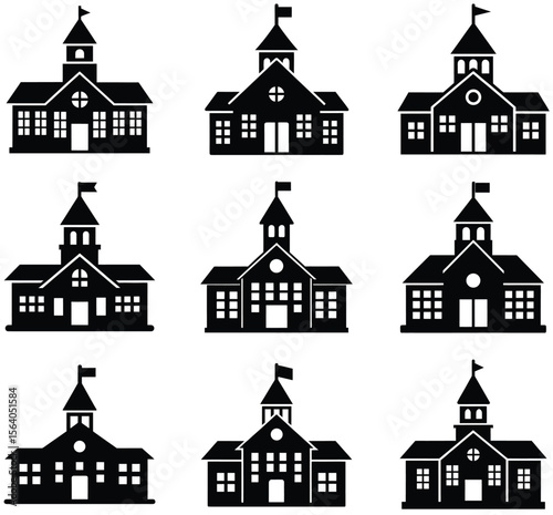 A Variety of School Buildings Rendered in a Simple Black Silhouette Style