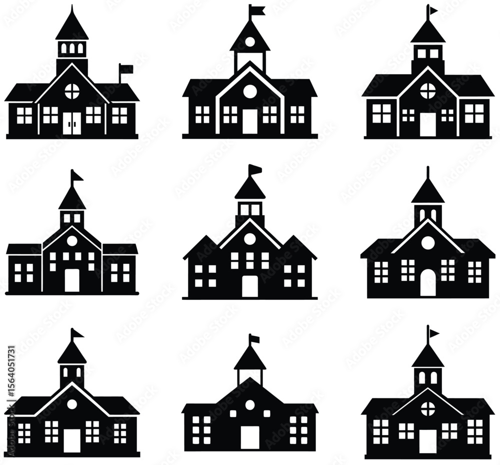 Fototapeta premium Nine Black and White Silhouette Illustrations of a School Building with Flag