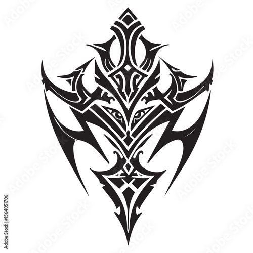 Intricate black tribal tattoo design featuring stylized eyes and sharp angular elements on a white background