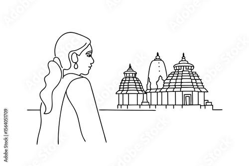 Woman observes ancient temple architecture profile