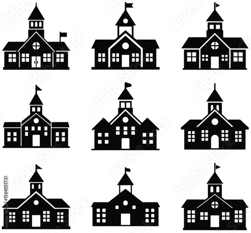 Nine Black and White Silhouette Illustrations of a School Building with Flag