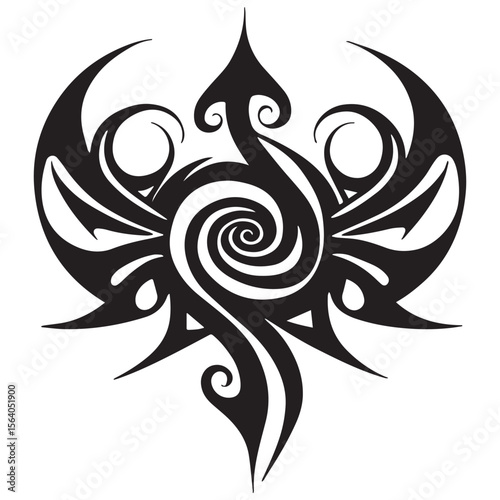 Abstract black tribal phoenix or eagle design with swirling center and sharp wing elements