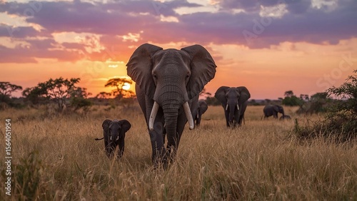 African Elephants Walking Through the Savannah at Sunset