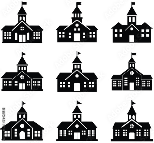 Silhouette Illustrations of School Buildings Featuring Towers and Flags Against White Background