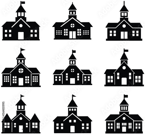 Collection of Buildings Displaying School or Institutional Structures with Tower and Flag