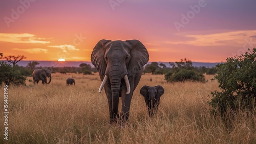 African Elephants Walking Through the Savannah at Sunset