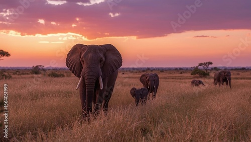 African Elephants Walking Through the Savannah at Sunset