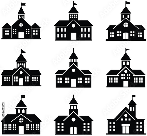 Collection of School Building Illustrations Depicting Education, Architecture, and Institutional Structures