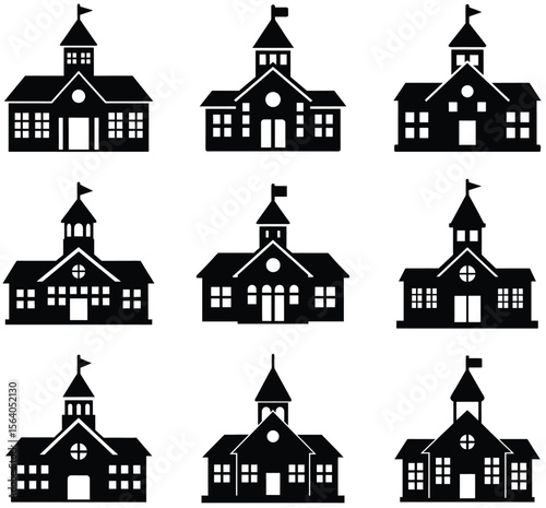 Silhouette Array of Buildings with Flags and Windows and Doorways