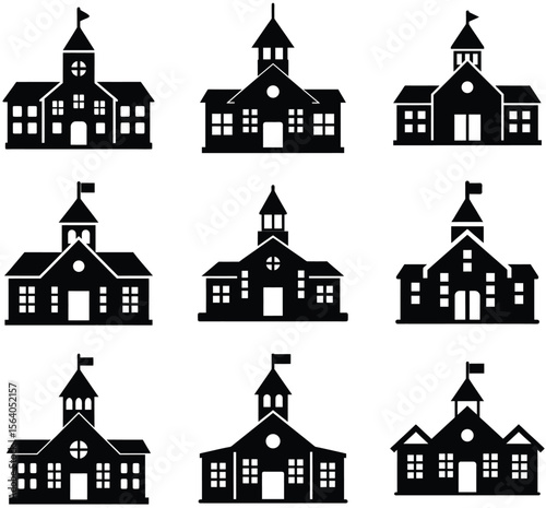 Various School Buildings Silhouettes Representing Education Institutions and Architectural Design Elements