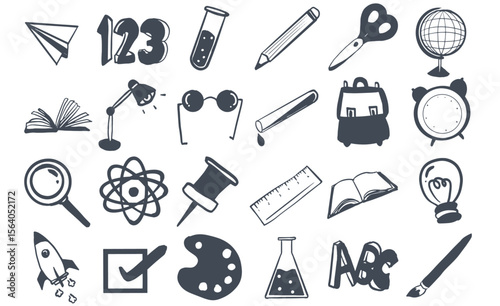 Black and white line drawing illustration of Back to School, school supplies, term, students set of tools icon sketch