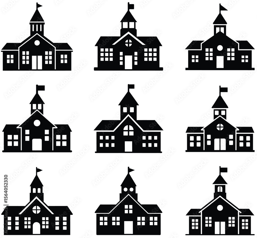 Fototapeta premium Set of Nine School Building Illustrations Standing Tall in Black and White