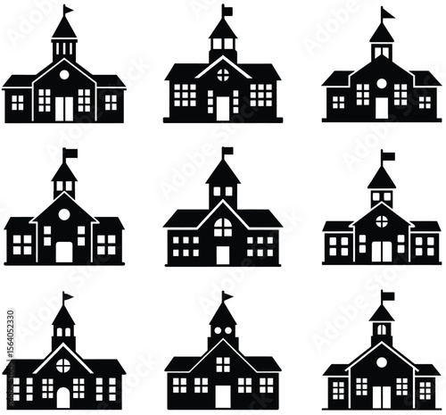 Set of Nine School Building Illustrations Standing Tall in Black and White