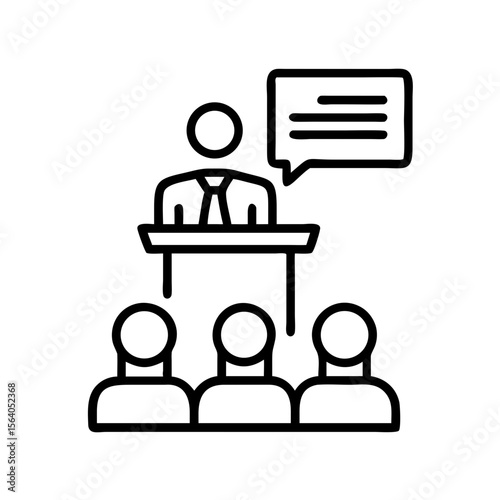 Presentation speaker giving speech at podium in front of audience conference seminar training on transparent background
