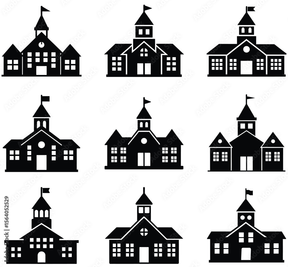 Fototapeta premium Nine Black and White Silhouette Illustrations of Different School Building Designs