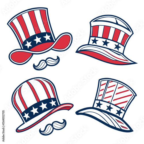 Set of patriotic mustache hat in a flat design