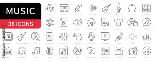 Music simple line icons set. Playlist, musical instrument, piano, radio, guitar, speaker, sound editable stroke icon. vector