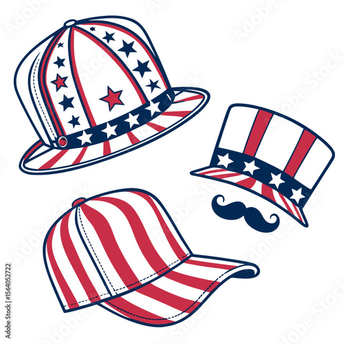 Set of patriotic mustache hat in a flat design