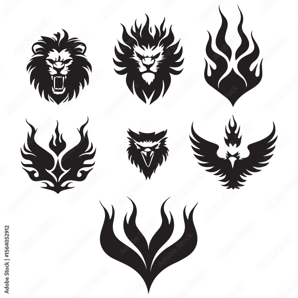 Naklejka premium Collection of stylized black animal and flame tribal tattoo designs on a white background