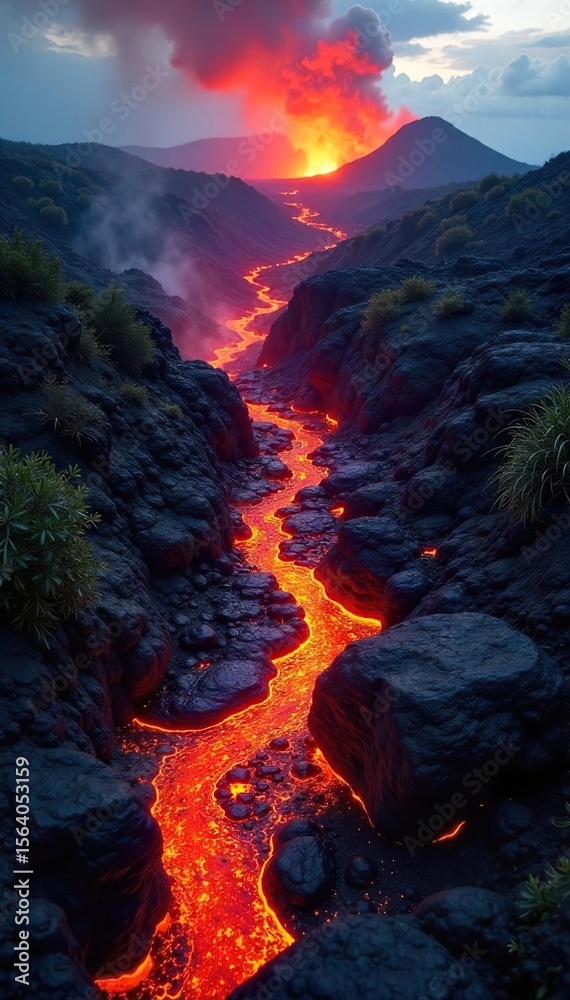 Obraz premium Dramatic Lava Flow on Hawaiis Big Island Molten Rock Meets Lush Green Landscape