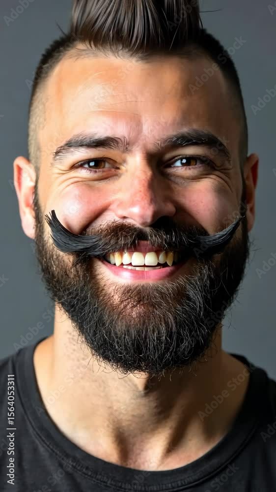 Smiling bearded man with a mohawk hairstyle and a very long mustache on a gray background.