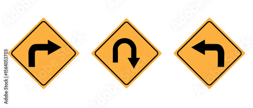 traffic road sign icon vector design, no turn right, left, u turn signs, Vector background, turn instruction in yellow circle sign vactor,
