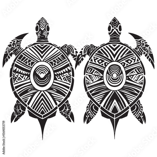 Two stylized black and white tribal sea turtles with intricate geometric patterns and maori inspired designs