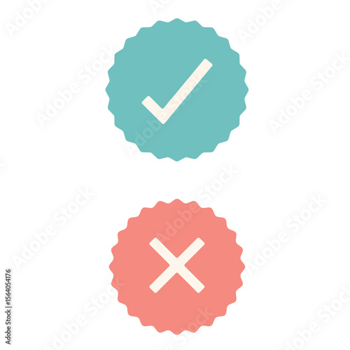 Scalloped Check and X Mark Badges Vector.