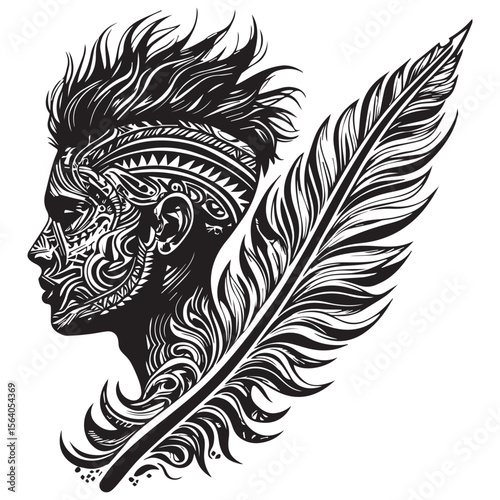Stylized profile of a person with intricate tribal facial tattoos and a large decorative feather