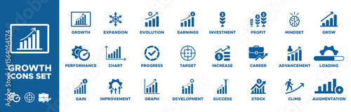 Growth icon set. growth, performance, gain, improvement, chart, expansion, evolution, progress, graph, development, target, earnings, investment icons. Solid icon collection. Vector illustration.