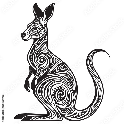 Stylized black and white tribal tattoo design of a kangaroo in profile against a white background