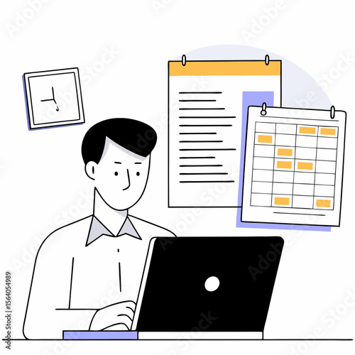 Man Planning Schedule on Laptop with Calendar