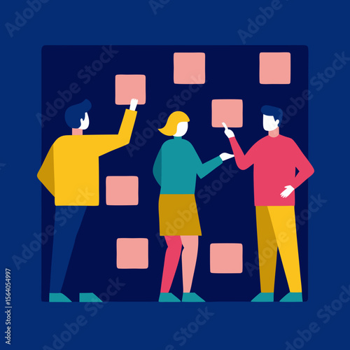 Team Brainstorming Ideas with Sticky Notes on Wall