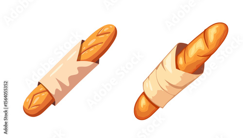 Set of vector illustrations of baguette in paper wrapping
