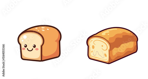 Set of cartoon loaf of bread with smiling face and side view illustration  
