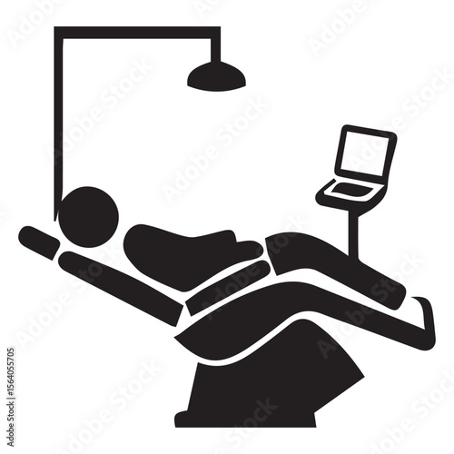 Stylized black silhouette of a person reclining in a dentist chair with a light and laptop