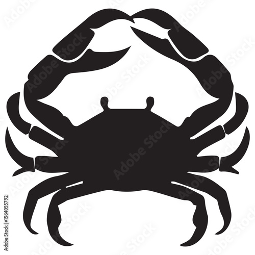 Stylized black silhouette of a crab with raised claws on white background