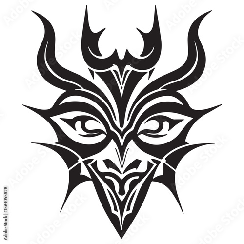 Intricate black tribal demon face with sharp horns and piercing eyes on a white background