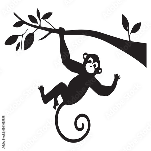 Playful black silhouette of a monkey swinging from a tree branch with leaves