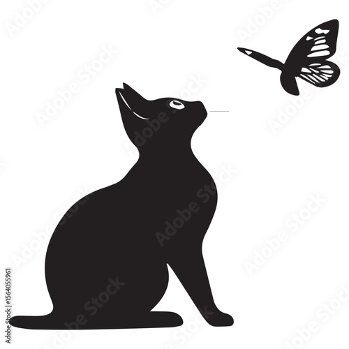 Black cat silhouette looking up at a butterfly flying in the sky