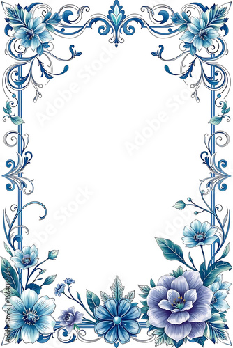 A beautiful floral frame with blue flowers and ornate scrollwork is isolated on white background, perfect for invitations and decorative designs