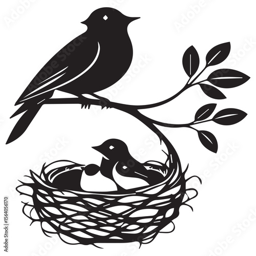 Black silhouette of a parent bird watching over its chicks in a nest on a branch