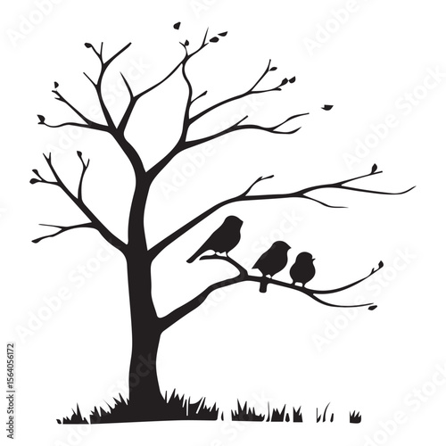 Three silhouette birds perched on a bare tree branch with grass below